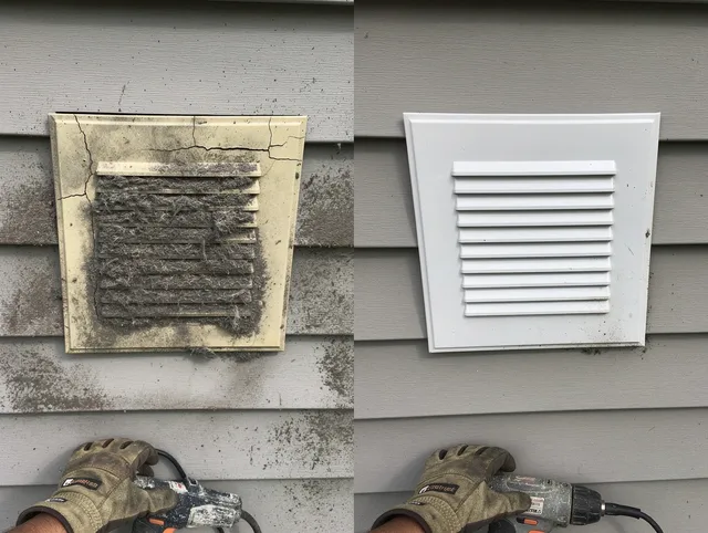 Sarasota Dryer Vent Cleaning technician installing high-quality dryer vent cover at a residential property in Sarasota